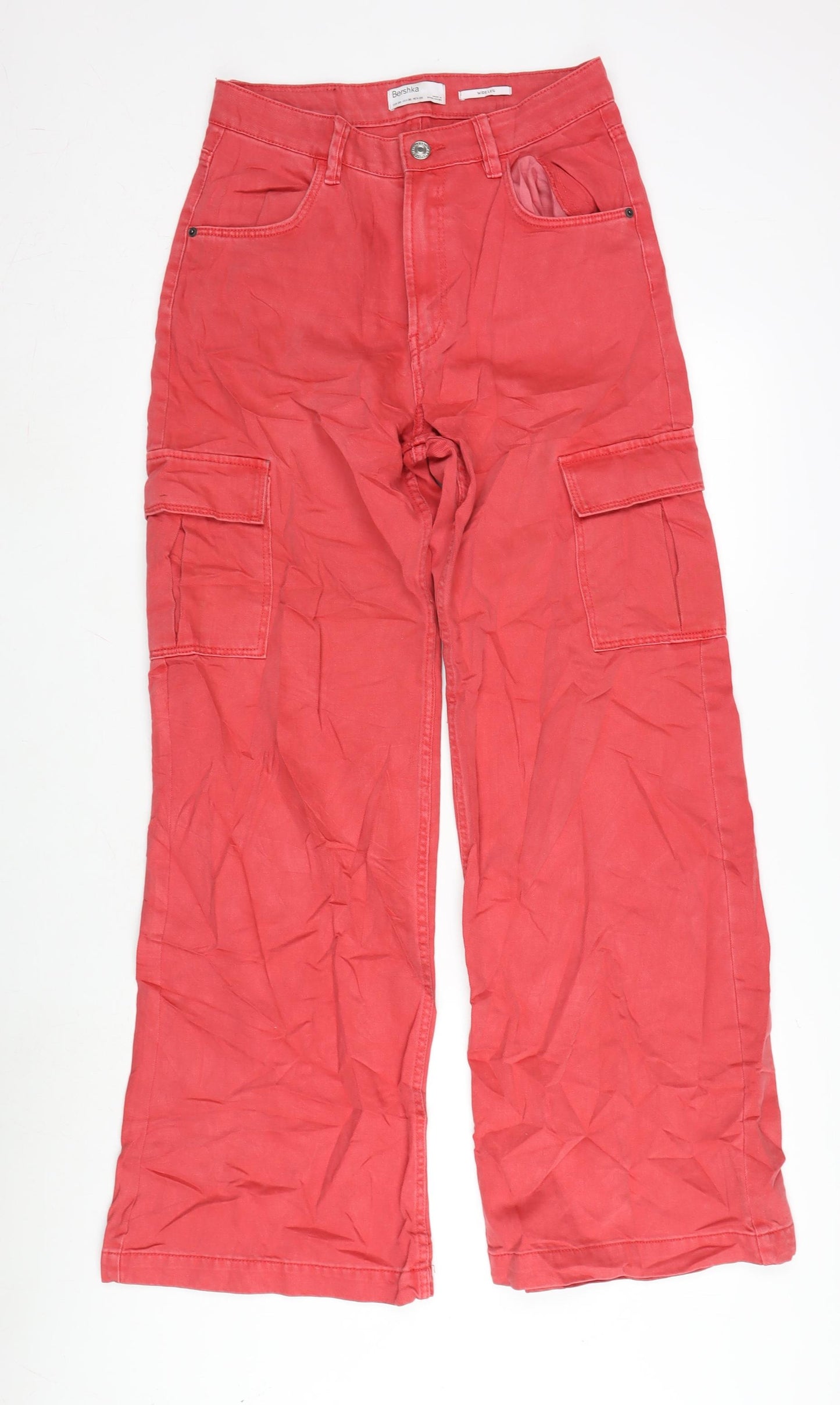 Bershka Womens Red Cotton Wide-Leg Jeans Size 10 L31 in Regular Zip