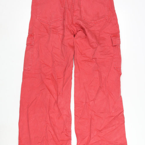 Bershka Womens Red Cotton Wide-Leg Jeans Size 10 L31 in Regular Zip