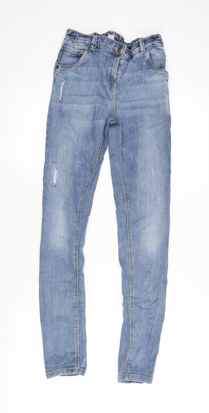 TU Girls Blue Cotton Tapered Jeans Size 14 Years L29 in Regular Zip - Distressed