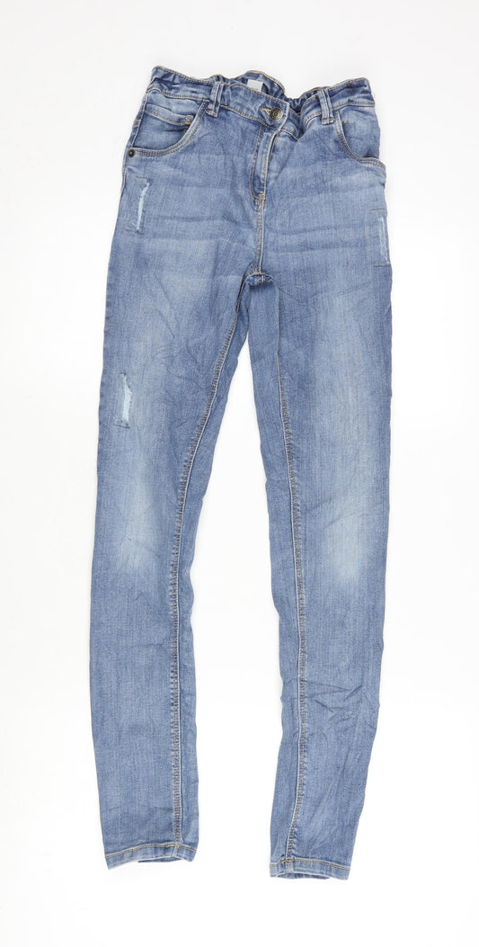 TU Girls Blue Cotton Tapered Jeans Size 14 Years L29 in Regular Zip - Distressed