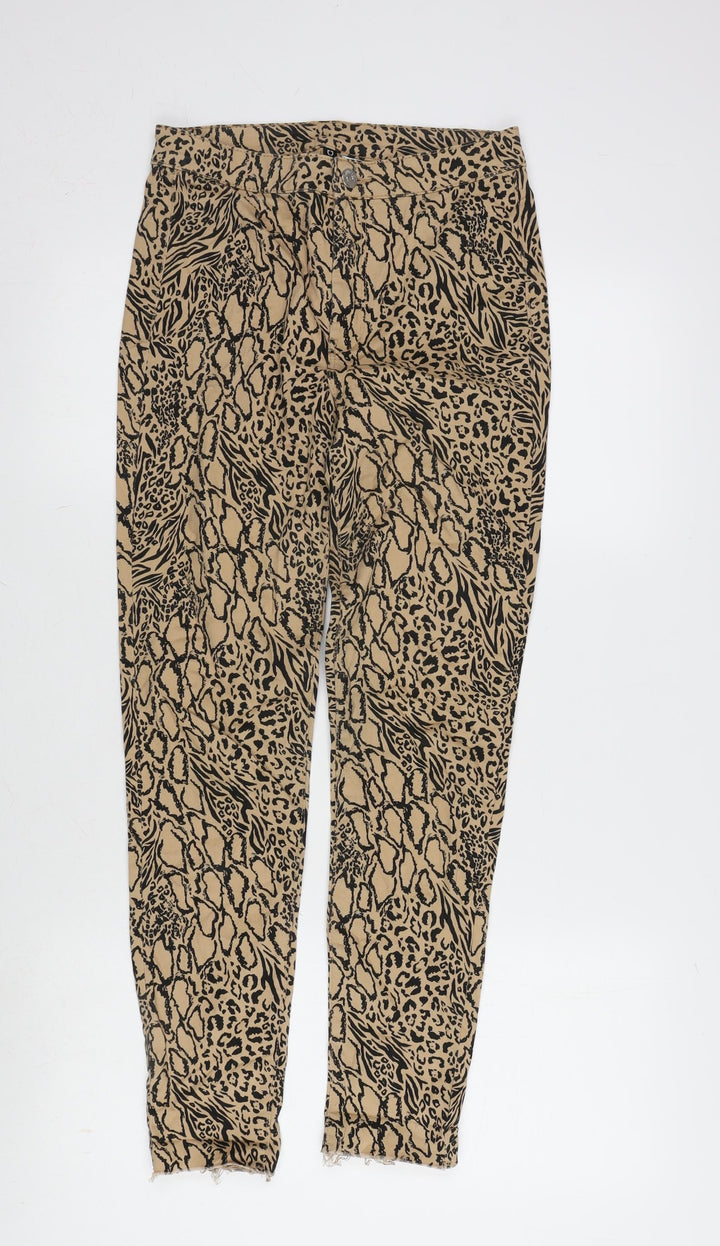 Divided Womens Beige Cotton Blend Tapered Jeans Size 8 L26 in Regular Zip - Leopard pattern. - raw hem.