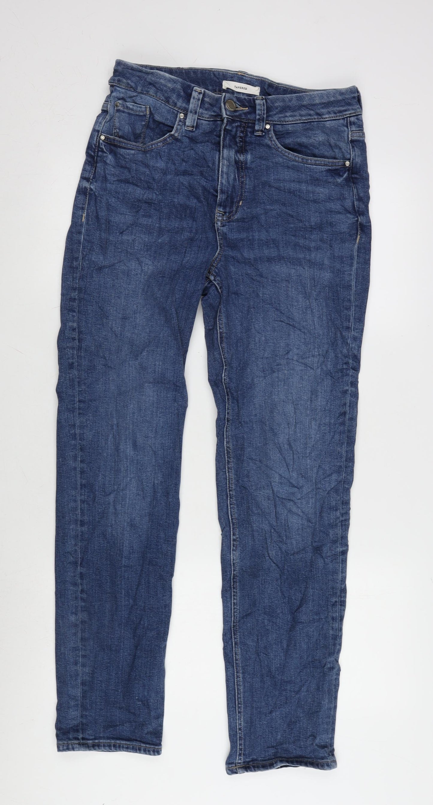 Per Una Womens Blue Cotton Blend Tapered Jeans Size 12 L30 in Regular Zip