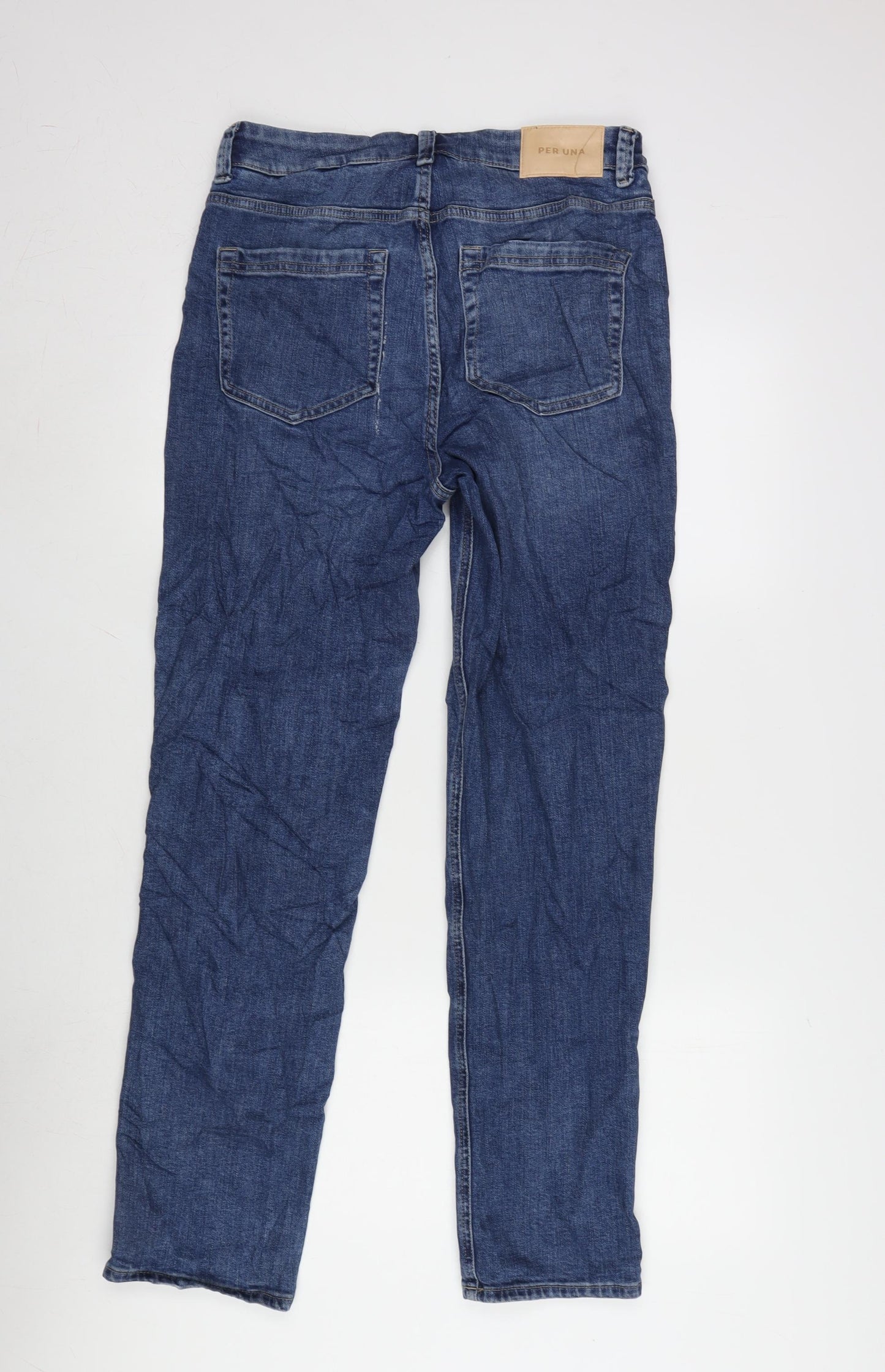 Per Una Womens Blue Cotton Blend Tapered Jeans Size 12 L30 in Regular Zip