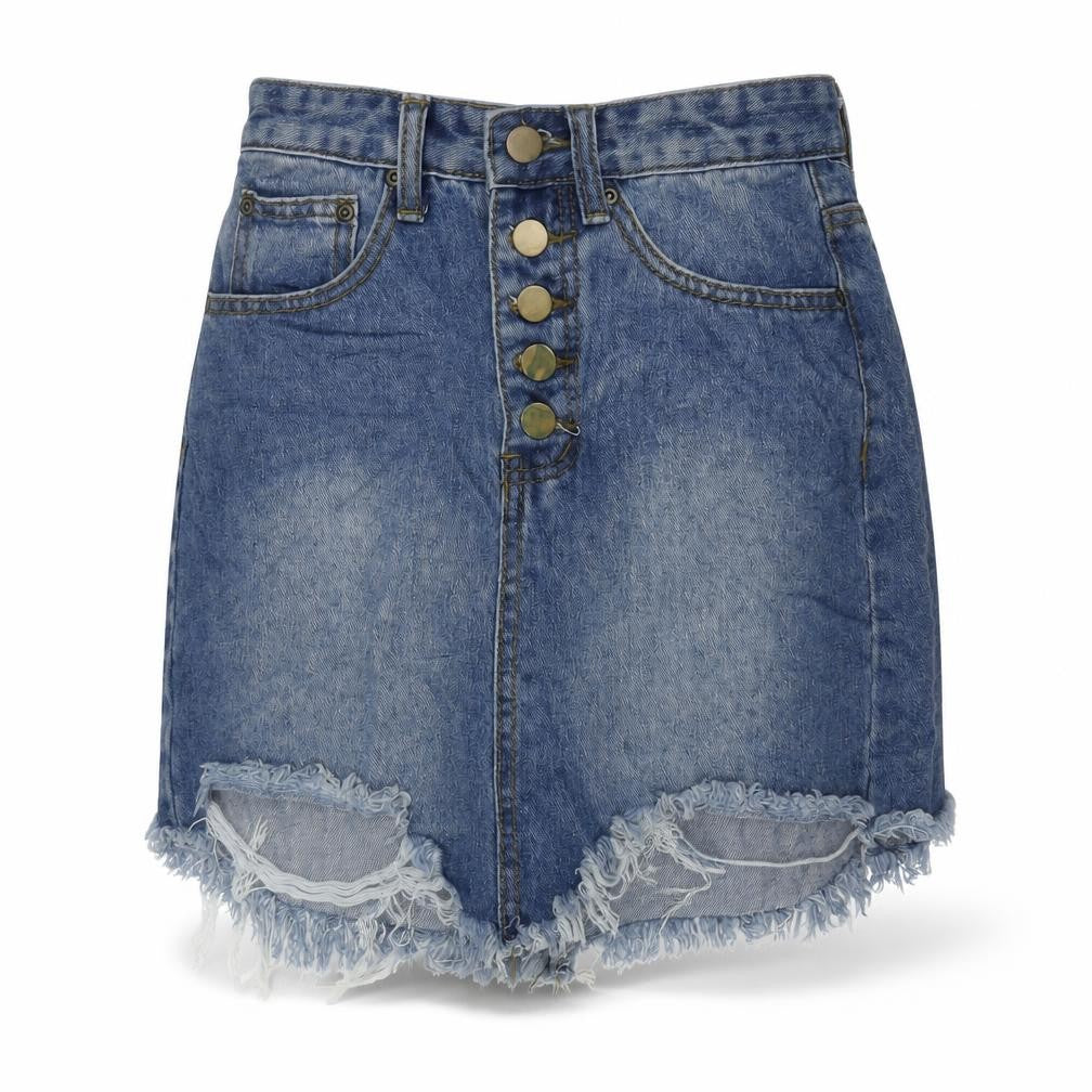 Front view of PRETTYLITTLETHING women’s blue cotton a-line skirt, size UK 4, button