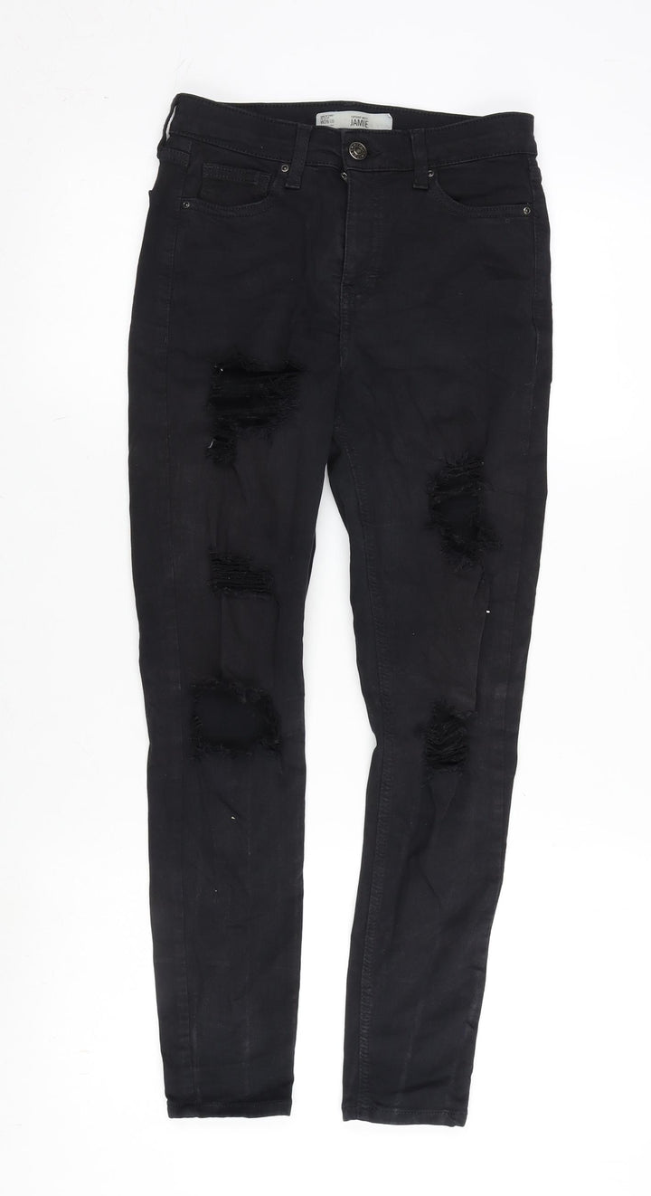 Topshop Womens Black Cotton Blend Tapered Jeans Size 26 in L26 in Regular Zip