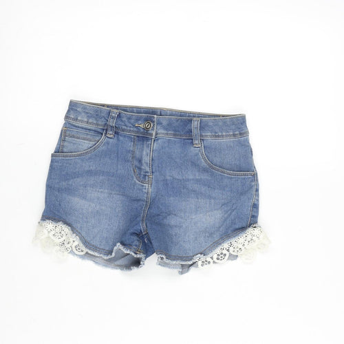 George Girls Blue Cotton Cut-Off Shorts Size 7-8 Years Regular Zip - Lace Detail.