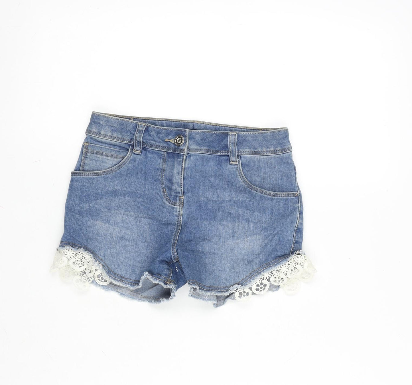 George Girls Blue Cotton Cut-Off Shorts Size 7-8 Years Regular Zip - Lace Detail.