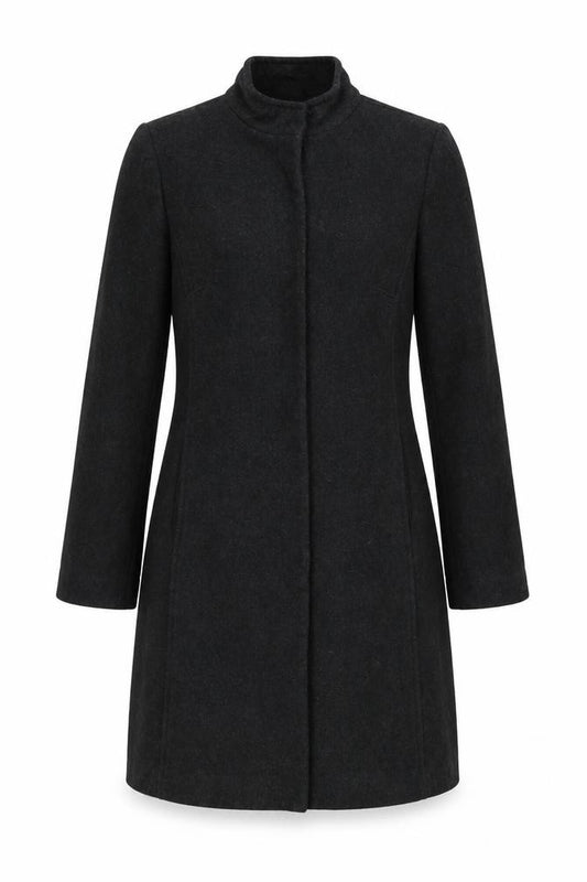 Front view of PCF women’s black overcoat coat, size UK 10, button