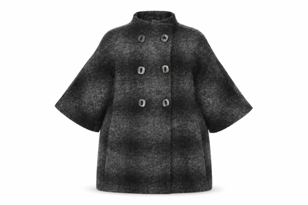 Front view of Mango women’s grey geometric overcoat coat, size S, button