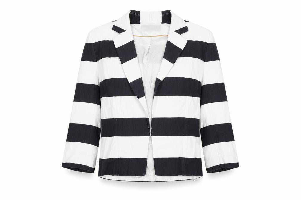 Front view of Marks & Spencer women’s white striped jacket, size UK 12, hook & eye