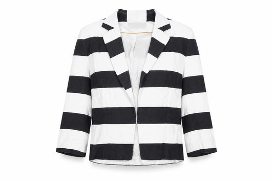 Front view of Marks & Spencer women’s white striped jacket, size UK 12, hook & eye