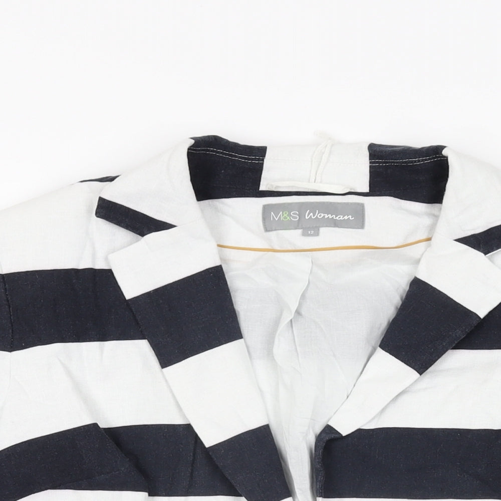 Marks and Spencer Womens White Striped Jacket Size 12 Hook & Eye