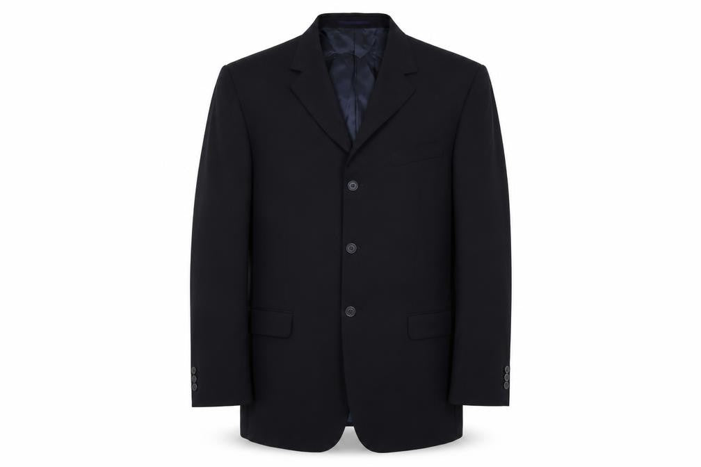 Front view of Tom English men’s black wool jacket suit jacket, size 42, regular