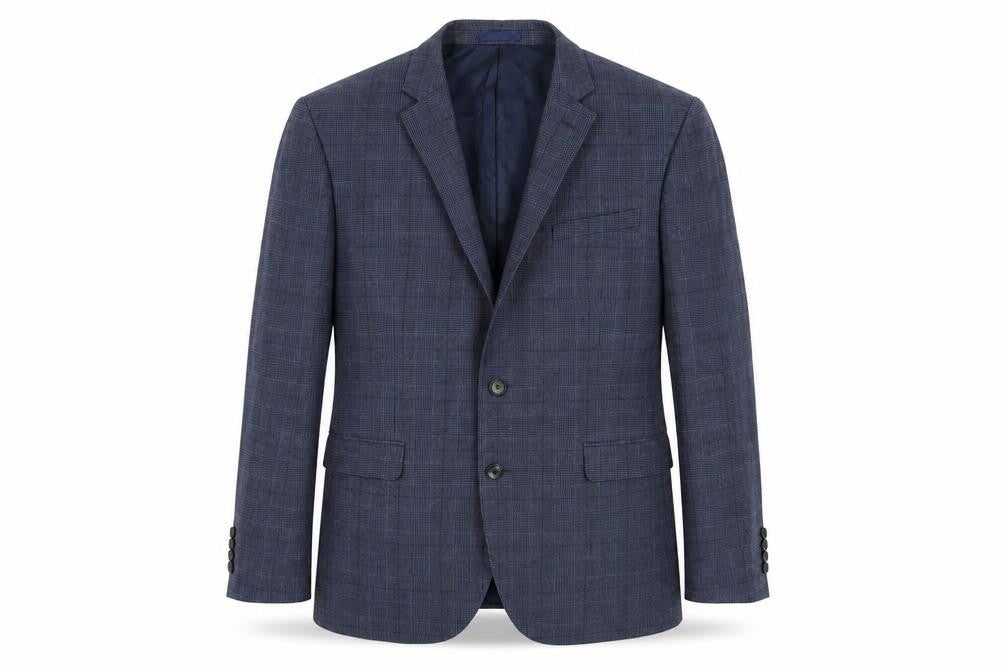 Front view of John Lewis men’s blue geometric wool jacket suit jacket, size 42, regular
