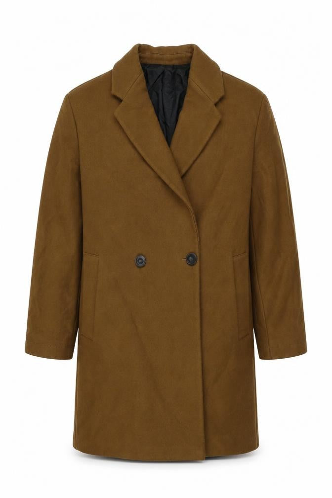 Front view of Zara men’s brown overcoat coat, size S, button
