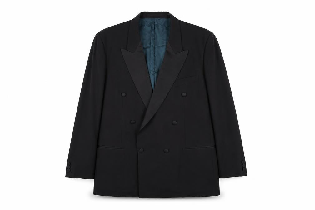 Front view of Marks & Spencer men’s black polyester jacket suit jacket, size 46, regular