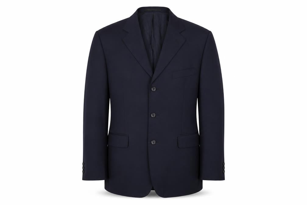 Front view of Burton men’s blue wool jacket suit jacket, size 42, regular