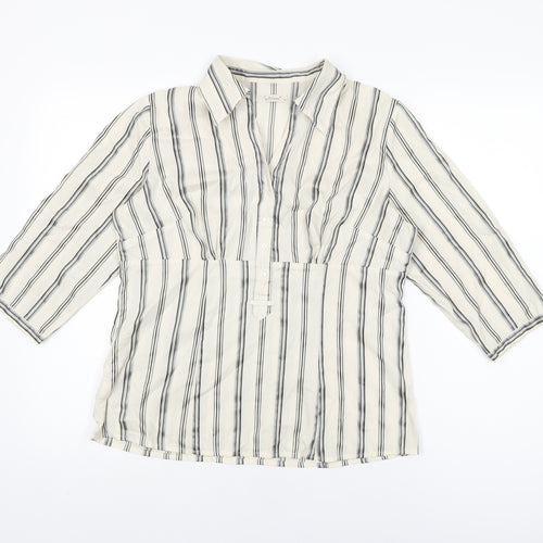 Intown Womens Ivory Striped Cotton Basic T-Shirt Size 10 Collared