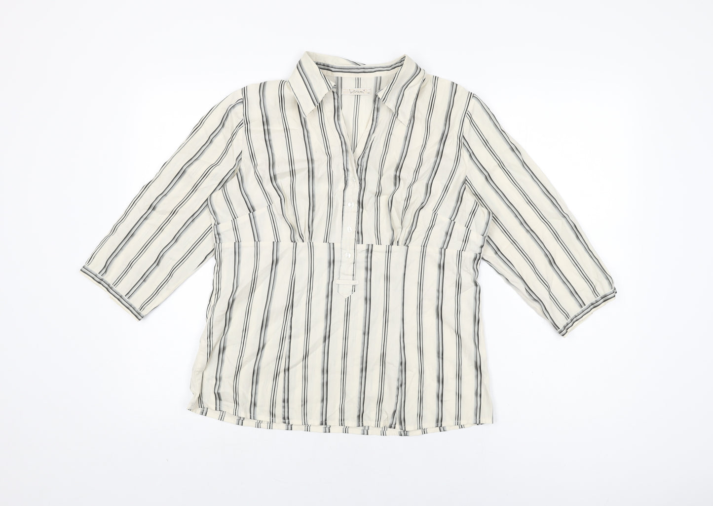 Intown Womens Ivory Striped Cotton Basic T-Shirt Size 10 Collared