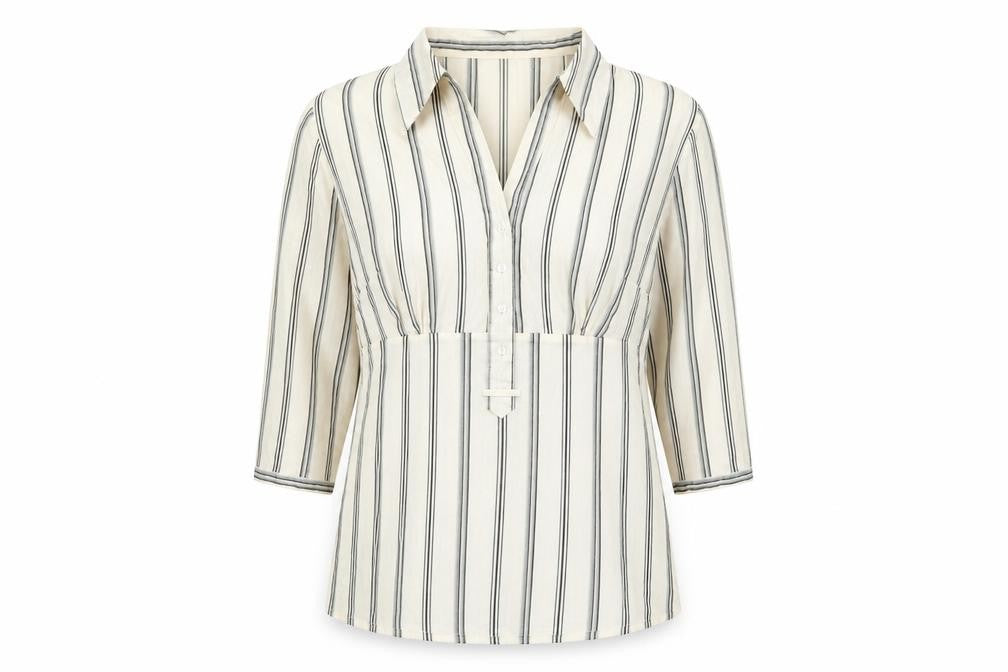 Front view of Intown women’s ivory striped cotton basic t-shirt, size UK 10, collared