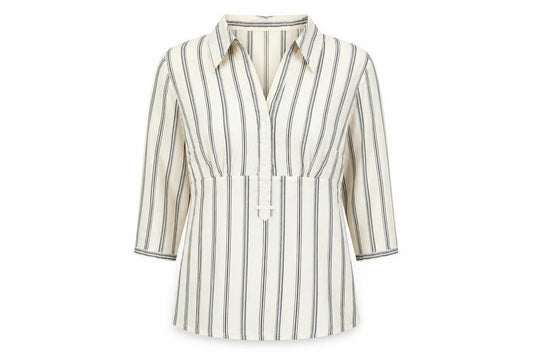 Front view of Intown women’s ivory striped cotton basic t-shirt, size UK 10, collared