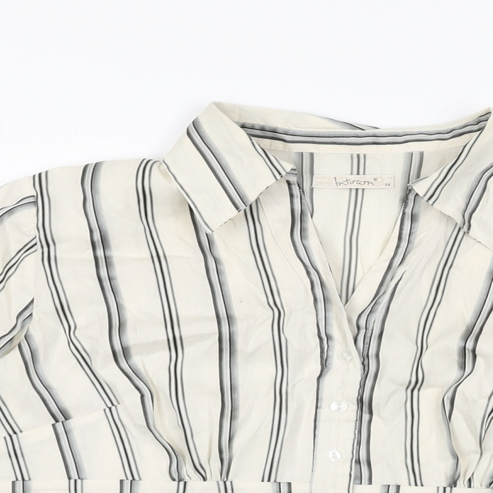 Intown Womens Ivory Striped Cotton Basic T-Shirt Size 10 Collared