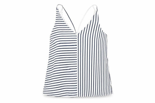 Front view of Topshop women’s white striped polyester camisole t-shirt, size UK 8, v-neck