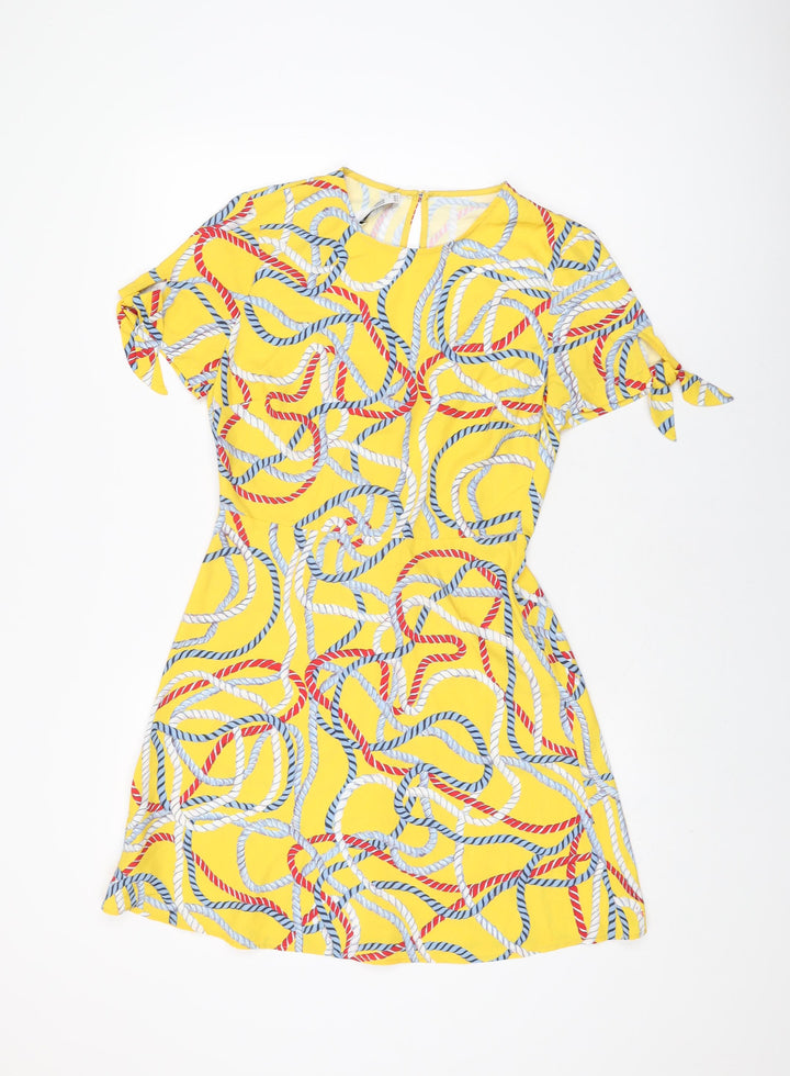 Mango Womens Yellow Geometric Polyester Mini Size M Round Neck Zip