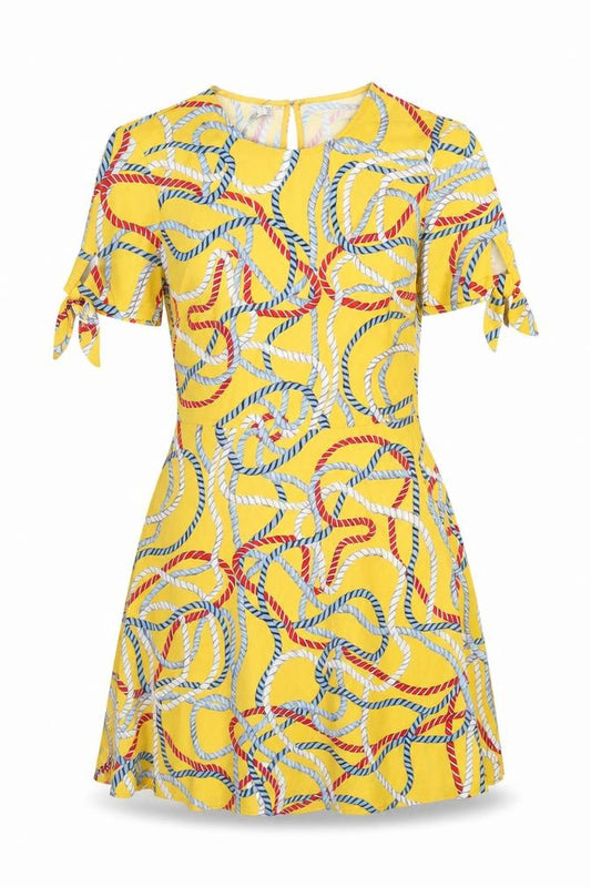 Front view of Mango women’s yellow geometric polyester mini, size M, round neck zip
