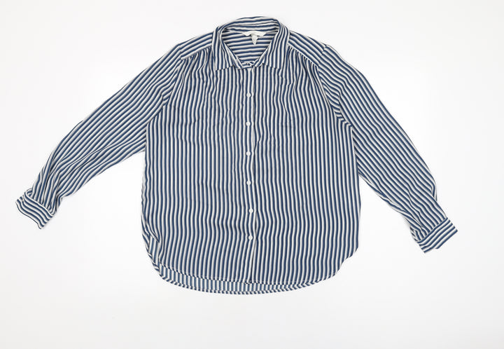 H&M Womens Blue Striped Polyester Basic Button-Up Size 8 Collared