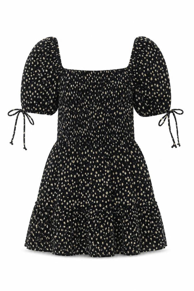 Front view of Topshop women’s black floral polyester mini, size UK 10, square neck pullover
