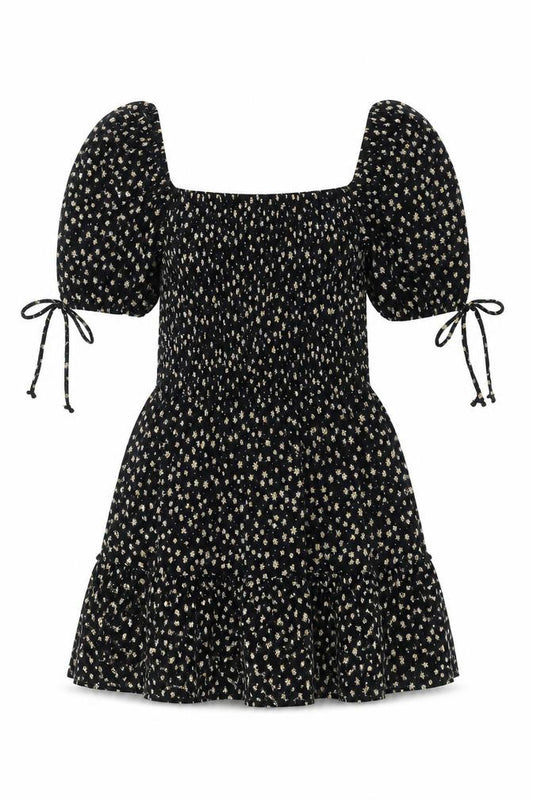 Front view of Topshop women’s black floral polyester mini, size UK 10, square neck pullover