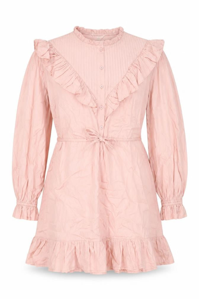 Front view of Miss Selfridge women’s pink lyocell shift, size UK 14, round neck button