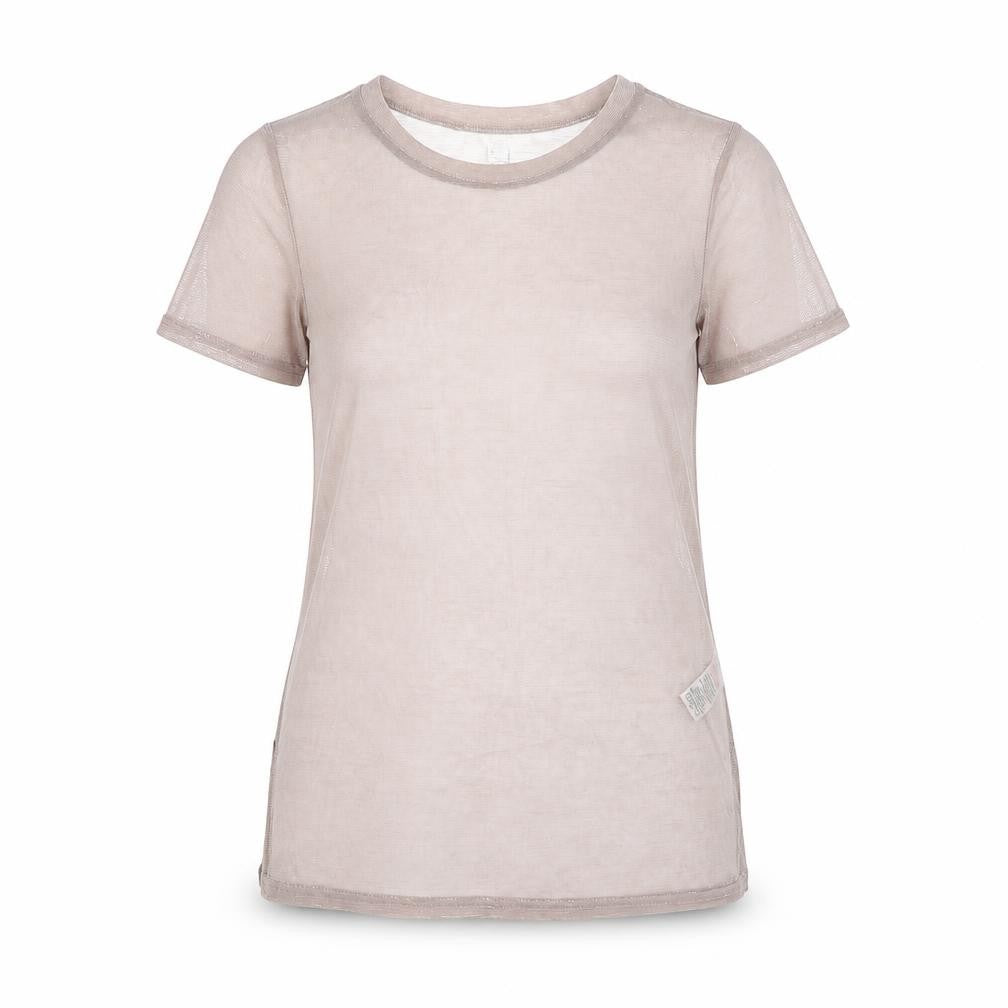 Front view of New Look women’s pink polyester basic t-shirt, size UK 8, round neck