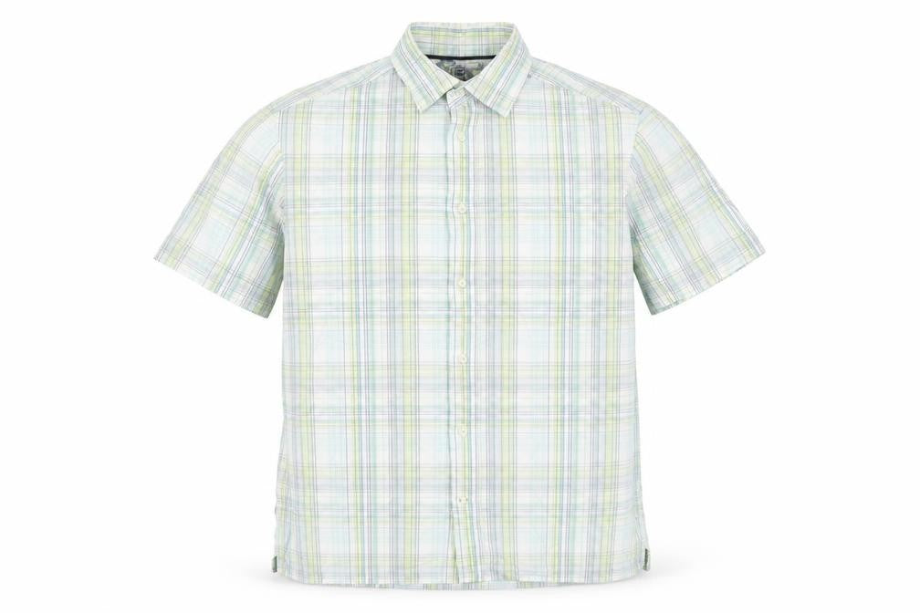 Front view of Marks & Spencer men’s white plaid cotton button-up, size M, collared button
