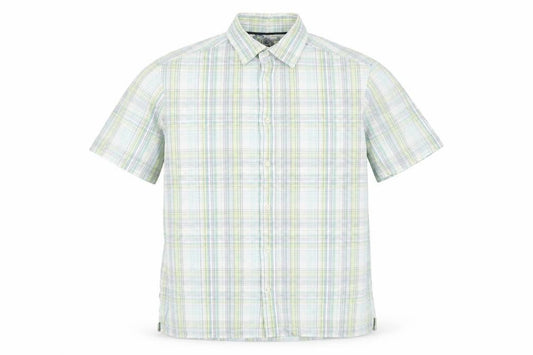 Front view of Marks & Spencer men’s white plaid cotton button-up, size M, collared button