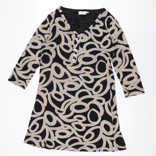 Adini Womens Black Geometric Cotton Basic T-Shirt Size L V-Neck