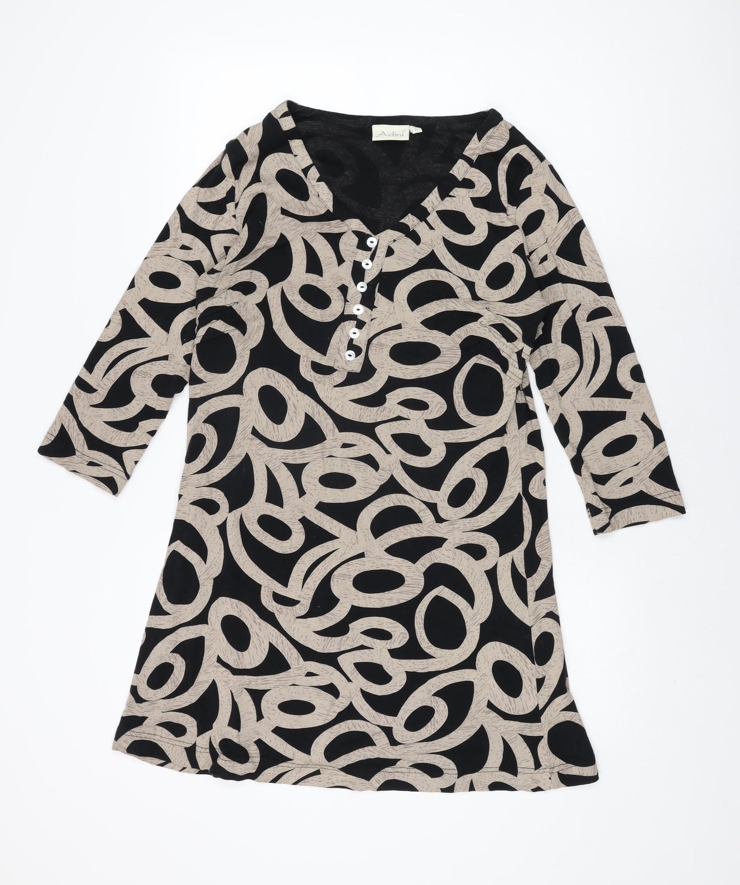 Adini Womens Black Geometric Cotton Basic T-Shirt Size L V-Neck