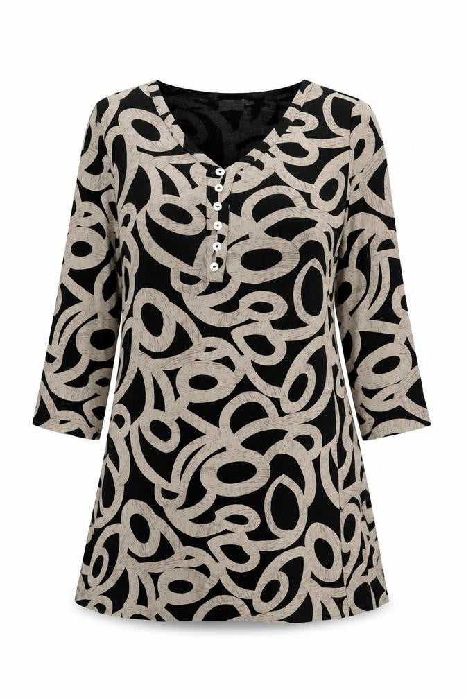 Front view of Adini women’s black geometric cotton basic t-shirt, size L, v-neck