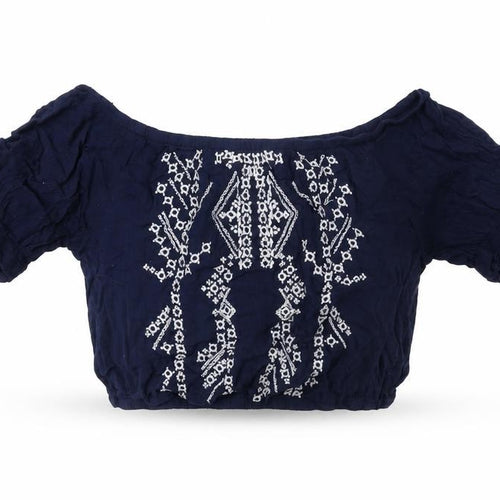 Select Womens Blue Geometric Viscose Cropped T-Shirt Size 12 Off the Shoulder