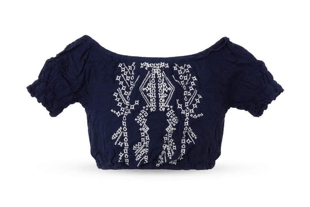 Select Womens Blue Geometric Viscose Cropped T-Shirt Size 12 Off the Shoulder