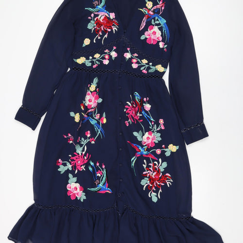 ASOS Womens Blue Floral Viscose A-Line Size 10 V-Neck Button
