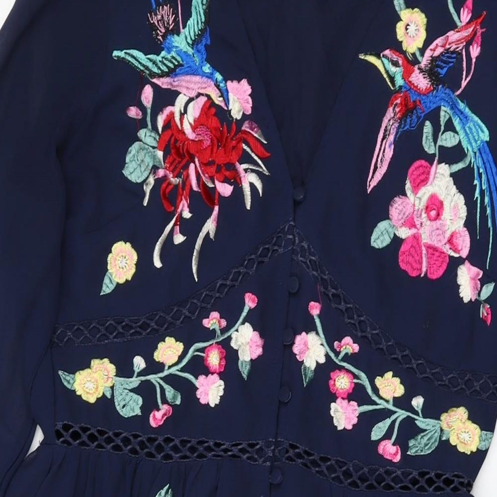 ASOS Womens Blue Floral Viscose A-Line Size 10 V-Neck Button