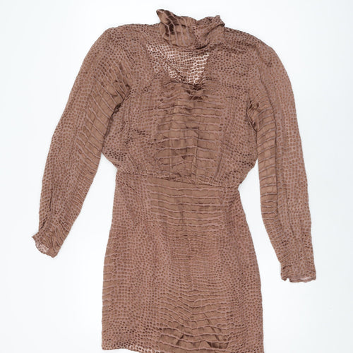 Reiss Womens Brown Geometric Viscose Mini Size 8 High Neck Zip