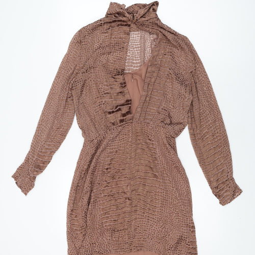 Reiss Womens Brown Geometric Viscose Mini Size 8 High Neck Zip