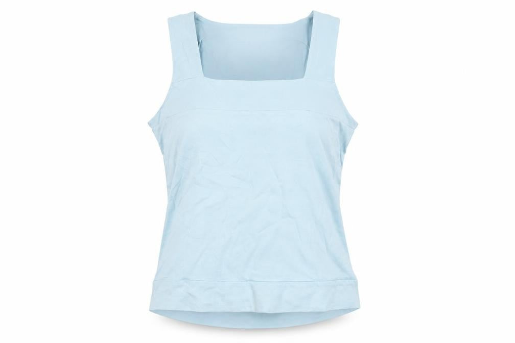 Front view of Offshoot women’s blue cotton basic t-shirt, size M, square neck
