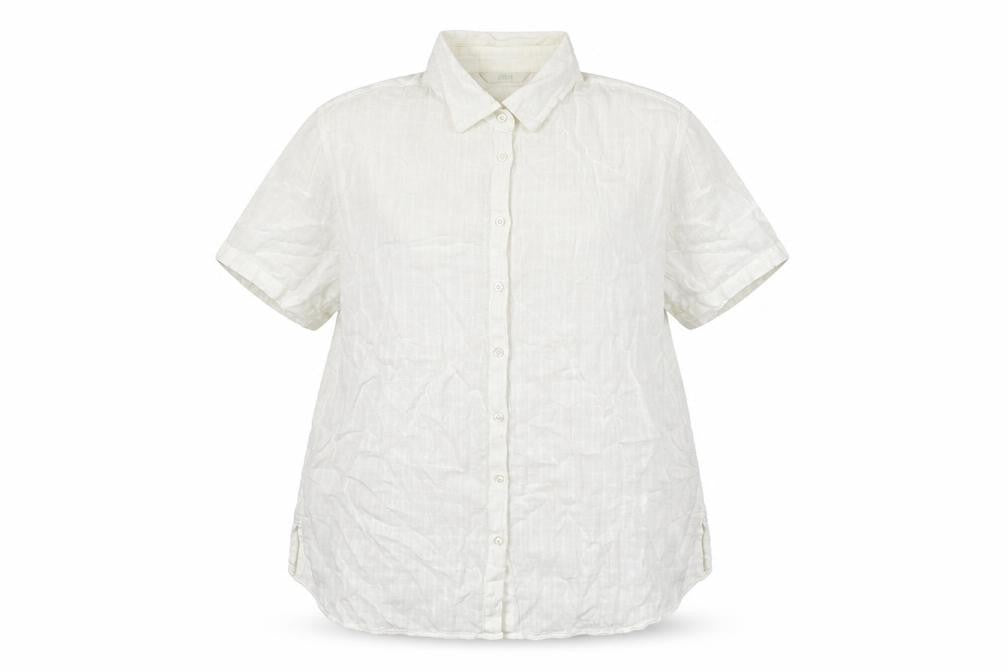 Front view of Marks & Spencer women’s white cotton basic button-up, size UK 16, collared