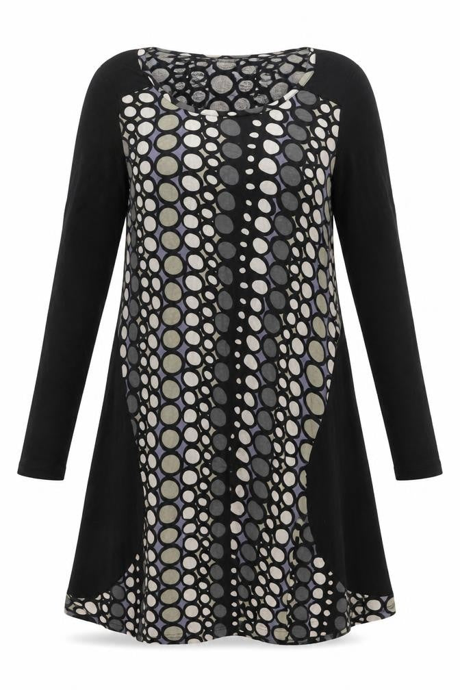 Front view of Capri women’s black geometric viscose shift, size UK 12, scoop neck pullover