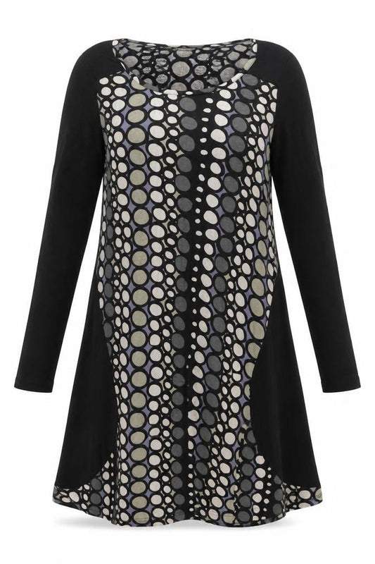 Front view of Capri women’s black geometric viscose shift, size UK 12, scoop neck pullover