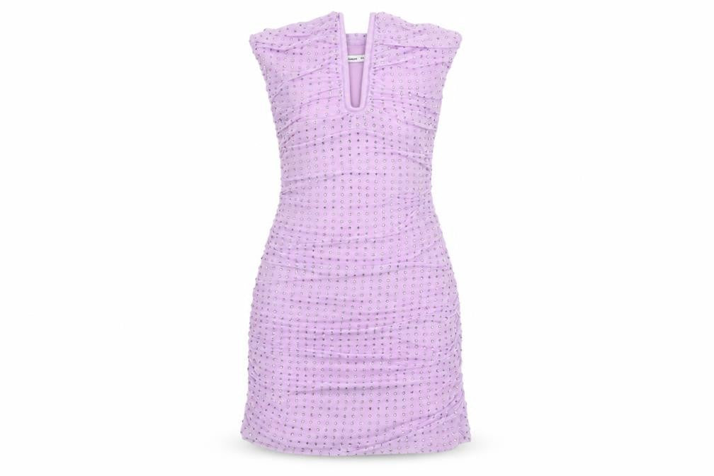 Front view of Bershka women’s purple polyester mini, size XS, off the shoulder zip